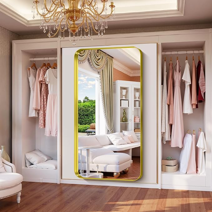 FORBATH 72x36 Inch Oversized Bathroom Mirror for Double Sinks, Brushed Gold Deep Frame Full Length Wall Mirror with Rounded Corners, Anti-Rust Tempered Glass(Horizontal/Vertical)