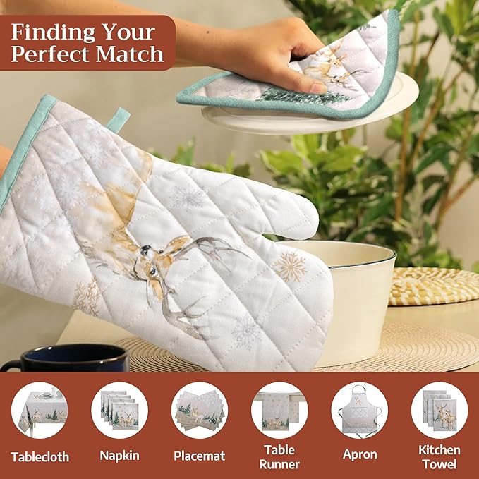 Maison d' Hermine Pot Holders Set 100% Cotton Heat Resistant Potholders 8" x 8" Hot Pads with Loop for Thanksgiving Christmas Decorations BBQ Baking Handling Hot Pans (Pack of 2, Deer in The Woods)