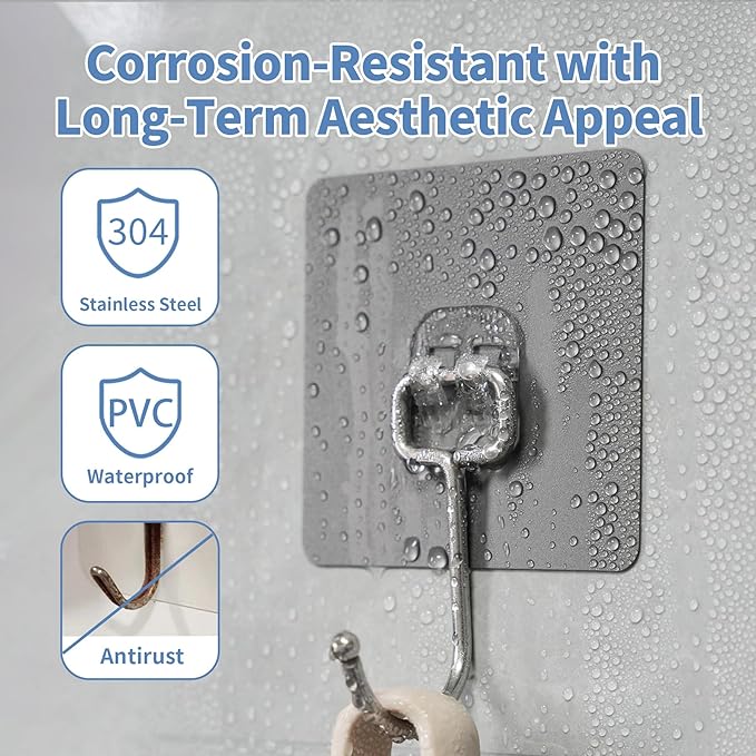 Adhesive Wall Hooks for Hanging - 60lb Heavy Duty Waterproof & Rustproof, Sticky Hooks for Walls No Damage, Kitchen/Bathroom/Rental (Ganchos para Pared) 10-Pack