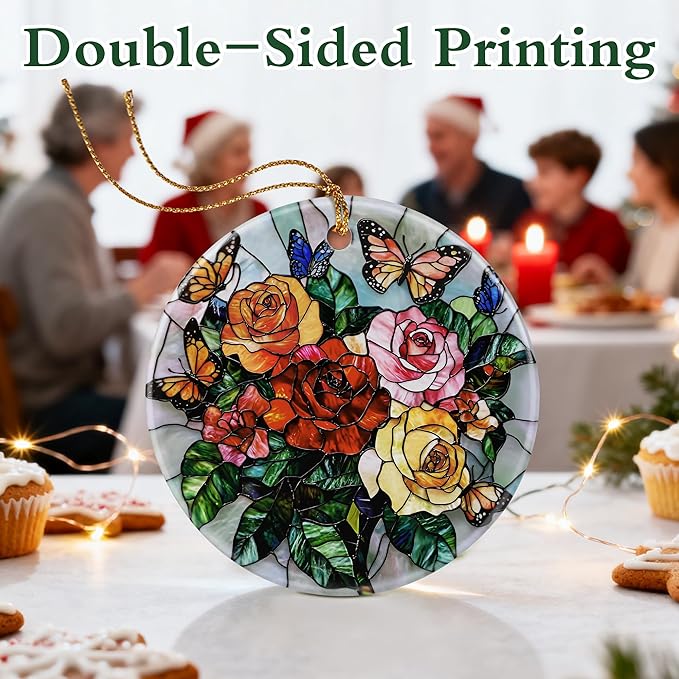 Butterfly & Rose Ornament | Christmas Ornaments, Christmas Decorations, Hanging Ornaments for Tree, Holiday Decor Gifts | Gifts for Flower Lover, Women, Friend, Neighbor | Gift Exchange Ideas