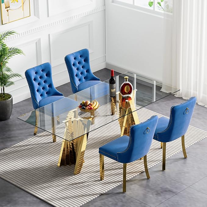 Goujxcy Modern 5 Piece Glass Dining Table Set Luxury Glass Kitchen Table and Chair Set for 4, 70" Large Rectangular Dining Room Table with 4 Tufted Chairs and Stainless Steel Legs (Gold & Blue)
