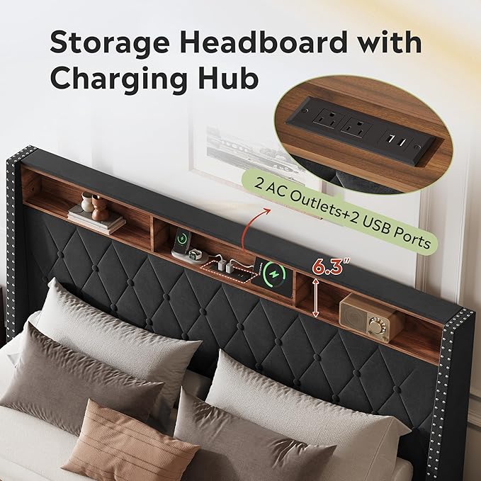 WLIVE King Size Upholstered Bed Frame with Storage Headboard, Velvet Square Tufted Platform Bed with Charging Station, Sturdy Metal & Wooden Slats Support, No Box Spring Needed, Black