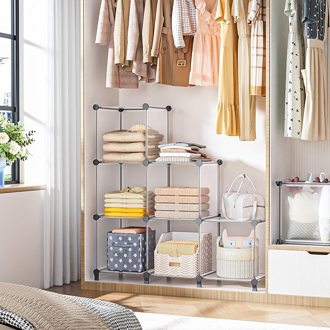 Neprock Closet Organizer, 6 Cube Closet Organizers and Storage, Portable Closet Storage Shelves for Yarn,Books,Clothes(Transparent White)