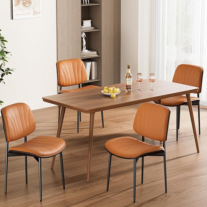 Dining Chairs Set of 2, Mid-Century Modern Upholstered PU Leather Chairs with Walnut Back and Metal Legs Adjustable Feet for Kitchen Dining Room, Orange Shell Strips