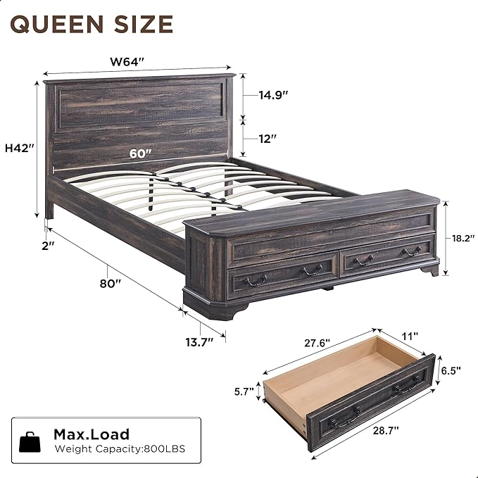 T4TREAM Farmhouse Queen Bed with Headboard and Storage Bench, Rustic Wood Platform Bed with 64" Storage Chest w/ 4 Large Drawer, Dark Rustic Oak