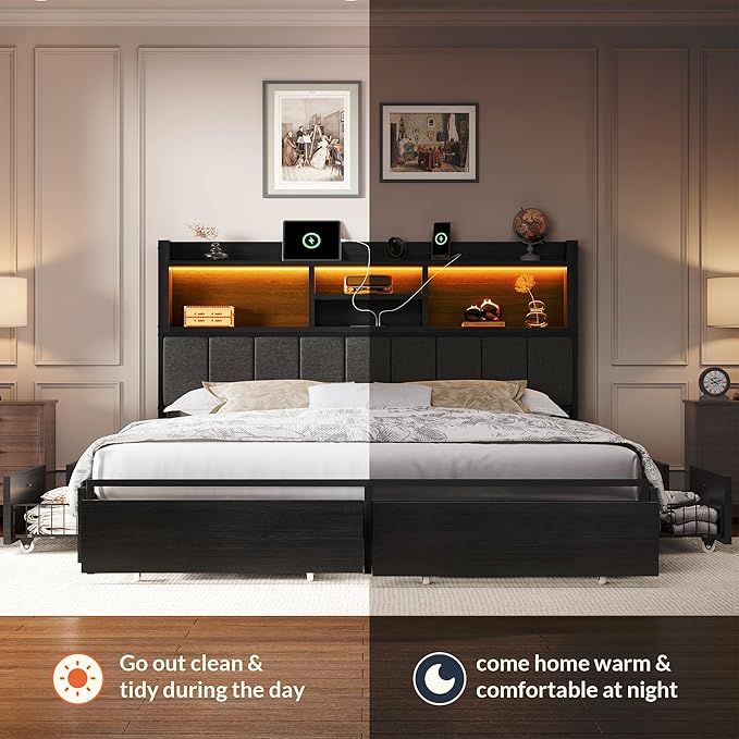 LARMACE Queen Bed Frame with 6 Storage Drawers, Bed Frame Queen Size with Linen Upholstered Headboard, Built in Charging Station and LED, No Noise, Metal Support, No Box Spring Needed,Vintage Black
