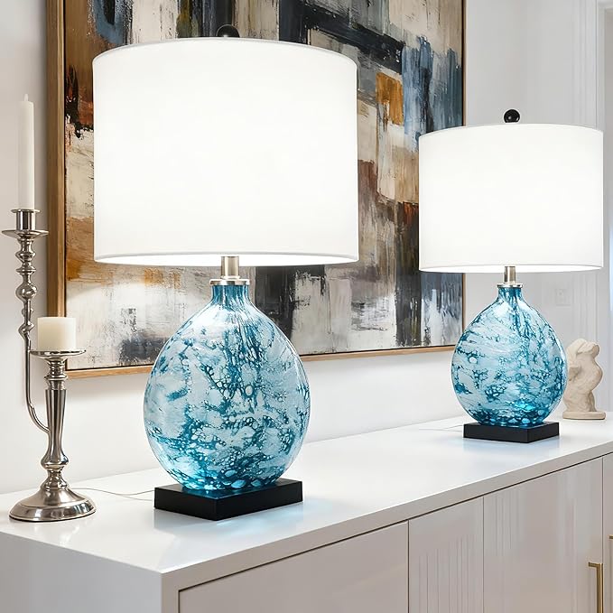 Maxax 24" Coastal Glass Table Lamp, 3-Way Dimmable Blue Glass Bedside Lamp with White Drum Shade for Living Room Bedroom Nightstand