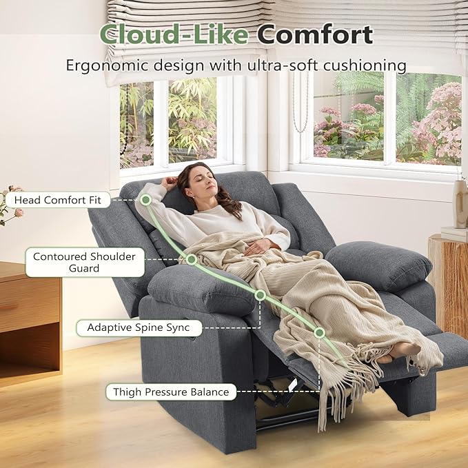 ANJ Fabric Recliner Chair Set of 2, with Overstuffed Arm and Back, Comfy Gray Manual Reclining Chairs for Adults, Living Room Single Sofa Recliners