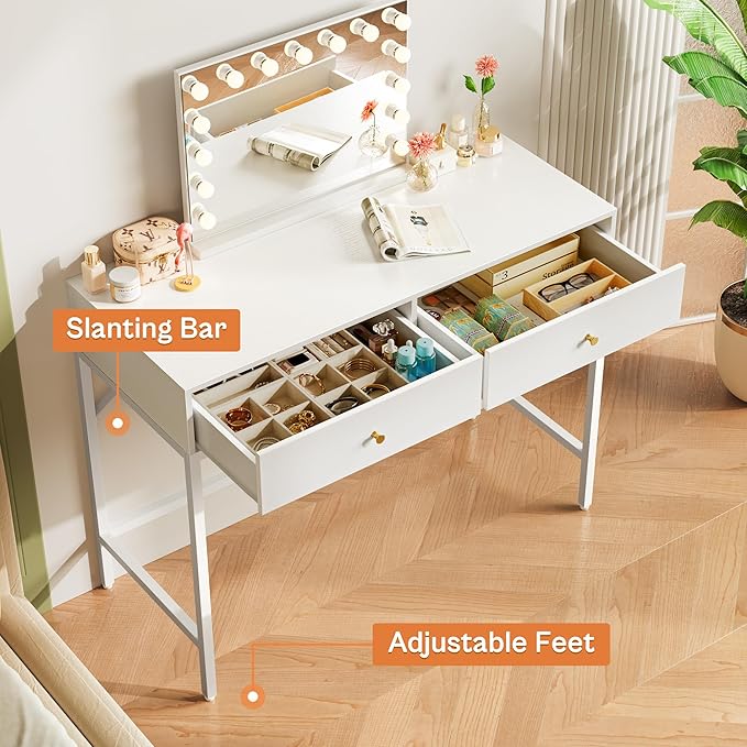SUPERJARE 39.4" White Desk with 2 Drawers, Modern Makeup Vanity Desk, Small Computer Desk Home Office Desk for Writing Study Bedroom