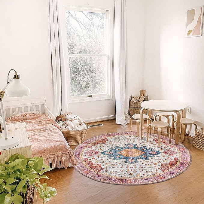 Moynesa Ultra-Thin Washable Round Rug - 4ft Pink Oriental Circle Area Rugs for Nursery Bedroom, Vintage Non Slip Non Shedding Low Pile Carpet for Living Room Coffee Table Entryway