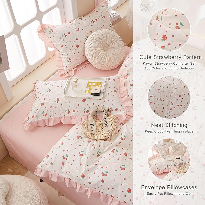 EAVD Kawaii Strawberry Comforter Set Twin XL White Fluffy Microfiber Fruit Strawberry Bedding Set for Girls Women Ruffled Cute Comforter Set 1 Twin XL Bed Comforter and 2 Pillowcases for All-Season