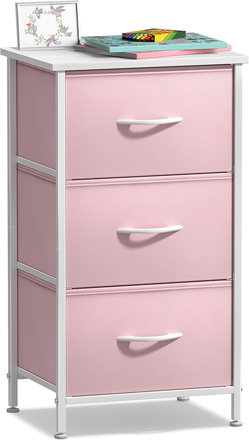 Sorbus Nightstand with 3 Drawers - Bedside Furniture & Accent End Table Chest for Home, Bedroom Accessories, Office, College Dorm, Steel Frame, Wood Top, Pastel Fabric Bins (Pink)