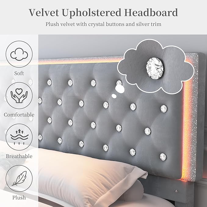 King Led Bed Frame with 2 Drawers, Upholstered Storage Platform Bed Frames with Crystal Button Tufted Headboard, Solid Slats Support, Noise Free, No Box Spring Needed, Velvet Grey