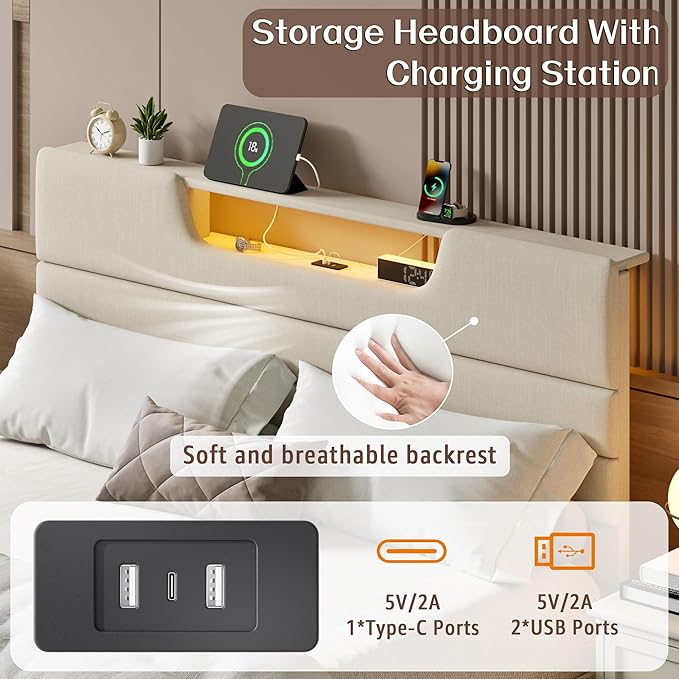 Queen Size Bed Frames with Upholstered Headboard, Modern Platform Bed with Charging Station and Led Lights, Bed Frame with Sturdy Wooden Slats/No Box Spring Needed/2-Tier Storage, Beige