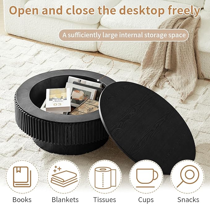 Round Coffee Table for Living Room,Fluted Drum Accent Tea Center Table with Storage,Circle Modern Coffee Tables for Small Space Office Apartment (31.5" L×31.5''W×14''H-Black)