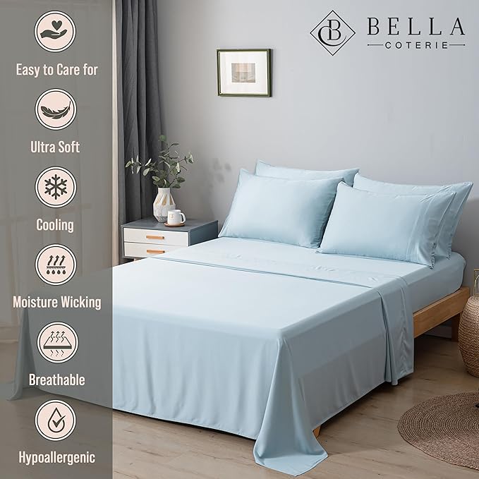 Bella Coterie 7 Piece Luxury Bamboo Viscose Split King Size Sheet Set | 2 Fitted Sheets for Adjustable Beds | 100% Organically Grown | Cooling for Hot Sleepers | 4 Pillowcases [Coastal Blue]