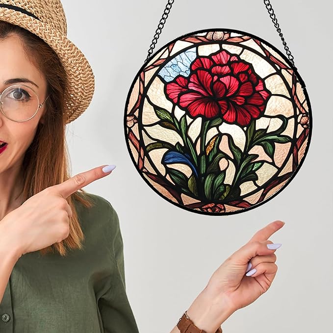 Stained Glass Window Hanging - Red Carnation Birth Flower Sun Catcher for Door Garden Home Decor Suncatcher Christmas Mother's Day Birthday Gifts for Women Men Mom Nana Friend Wife 6.3 in
