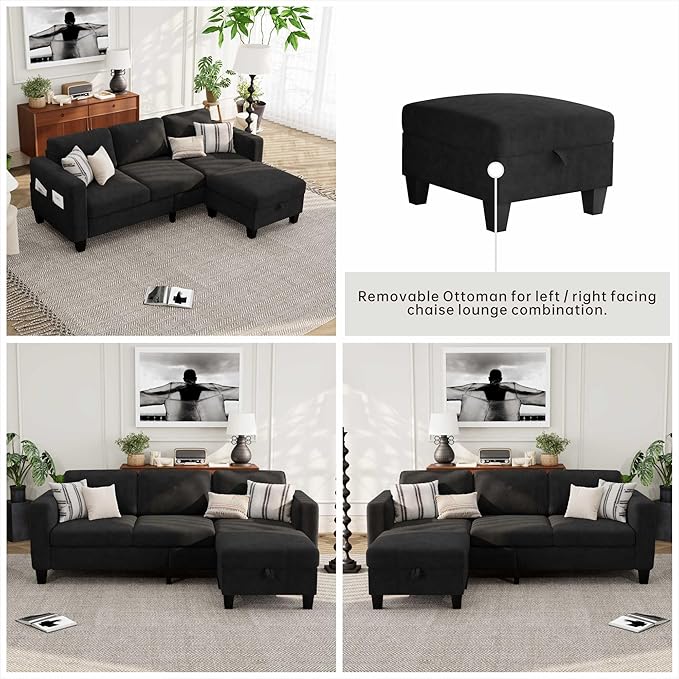 Small Sectional Couch, L Shaped Sectional Black Couch in a Box, Small Couches with Ottoman, 3 Seater Sofa for Living Room, Apartment, Dorm, Office