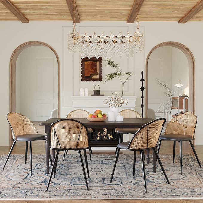 TYBOATLE Rattan Dinner Chairs Set of 4 with Faux Leather Cushion, Modern Dining Room Chairs w/Adjustable Foot Pads, Kitchen Boho Mid Century Upholstered, Black