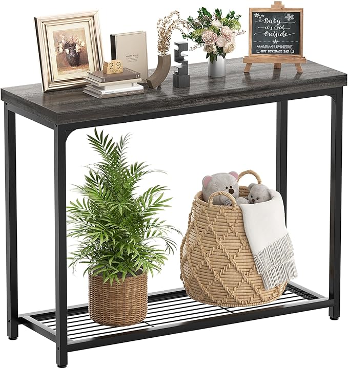 32" Small Console Table, 2-Tier Narrow Entryway Table, Sofa Table with Mesh Shelves, Console Tables for Living Room, Hallway, Entryway, Farmhouse Console Table with Storage, Oak Grey