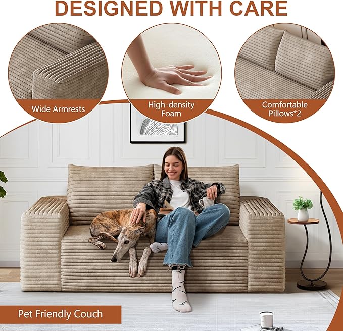 63" Corduroy Loveseat Sofa, 2-Seater Cloud Couch, Boneless Couch in a Box, Comfy Deep Seat Sofa with Memory Foam, Pillows and Wide Armrests, Modern Small Couches for Small Spaces, No Assembly (Camel)