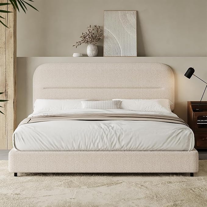 HOMBCK Bed Frame Queen Size, Boucle Upholstered Platform Queen Bed Frame with Headboard, Soft Headboard with Rounded Corners Design, Wood Slats, No Box Spring Required, Easy Assembly, Beige