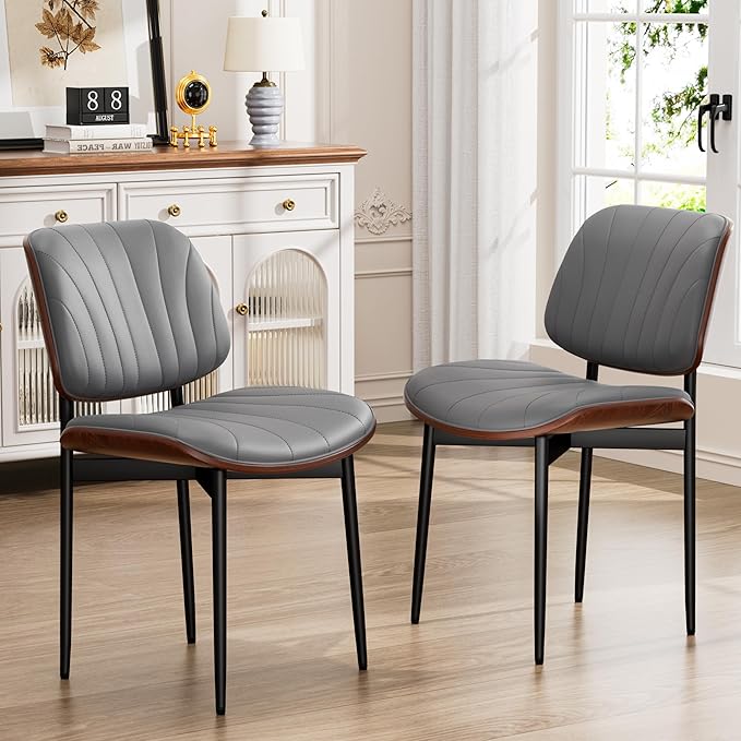 Dining Chairs Set of 2, Dining Room and Kitchen Chairs, Mid Century Modern Accent Chair, Upholstered PU Leather Chairs for Vanity with Walnut Bentwood and Metal Legs, Gray
