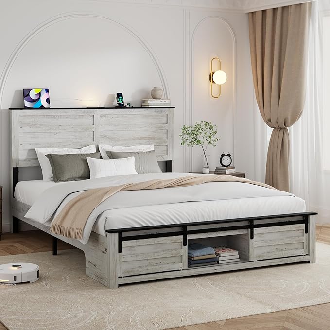 Queen Size Bed Frame with Wood Headboard, Wooden Platform Bedframe with Sliding Barn Door Footboard and Charging Station Easy Assembly, No Box Spring Needed (Boho White, Queen)
