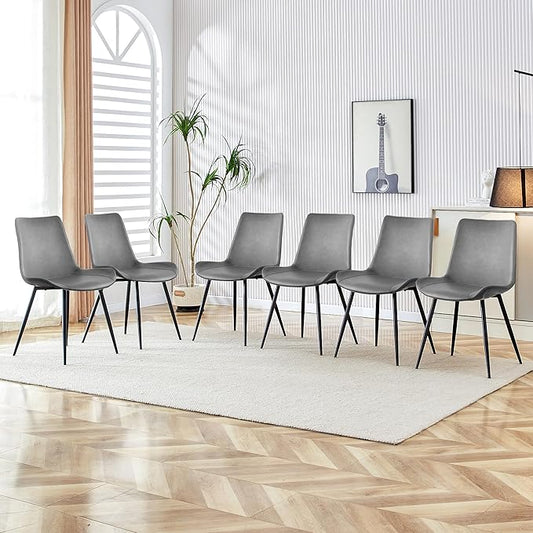 Dining Chairs, Modern PU Leather Dining Room Chair with Sturdy Metal Legs, Upholstered Seat Dinner Chairs Accent Side Chairs for Indoor Kitchen Living Room (Grey, Set of 6)