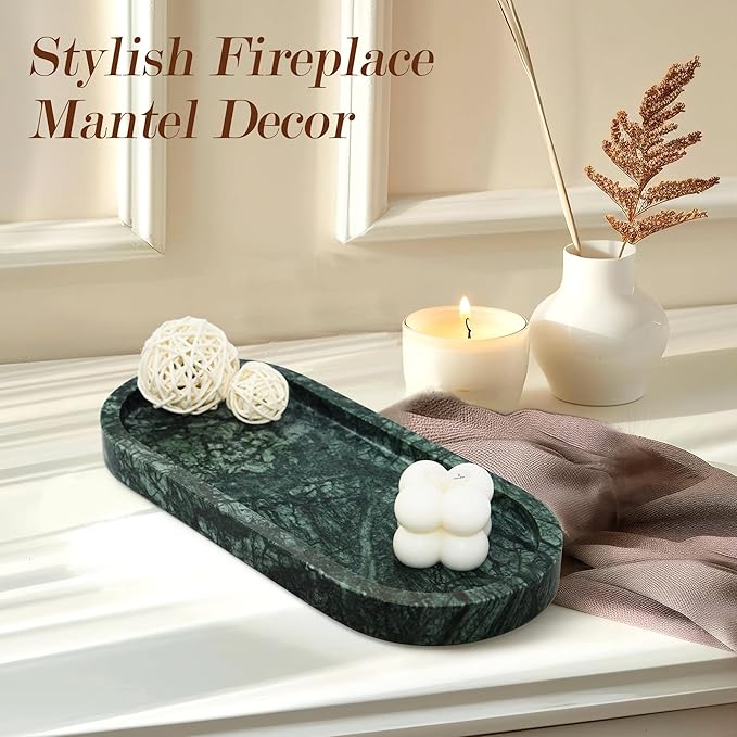 100% Natural Marble Vanity Tray for Bathroom, Luxury Indian Green Decorative Marble Oval Trays for Bathroom Countertop Storage Organizer, Vanity Dresser Kitchen Home Decor, 10.2" x 4.3", Green