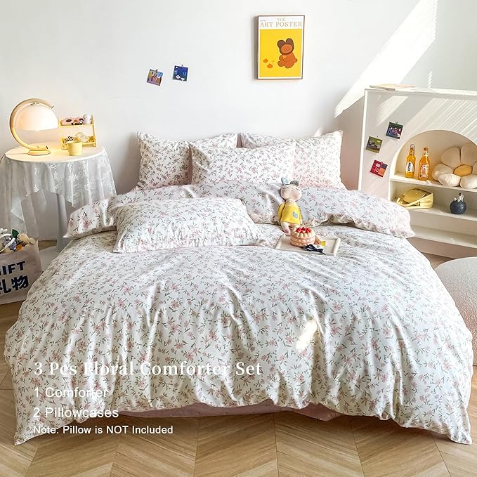 EAVD Garden Style Pink Floral Comforter Set Queen White Soft Microfiber Chic Floral Leaves Pattern Bedding Set with 2 Pillowcases Vintage Botanical Comforter Set for All-Season