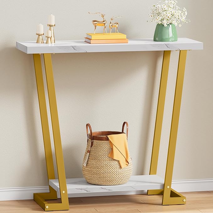 Tajsoon Narrow Console Table for Entryway 31.5'', 2 Tier Rustic Entryway Table with Open Shelves, Industrial Sofa Table with Gemometric Frame for Hallway, Living Room, Entrace, Gold & White