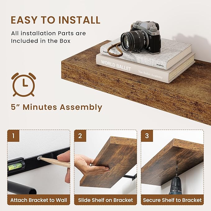 fuqing Floating Shelves for Wall, Wall Mounted Wood Floating Shelf with Invisible Brackets for Living Room, Bathroom, Bedroom, Kitchen Storage and Decor, 48 Inch Set of 2, Rustic Brown