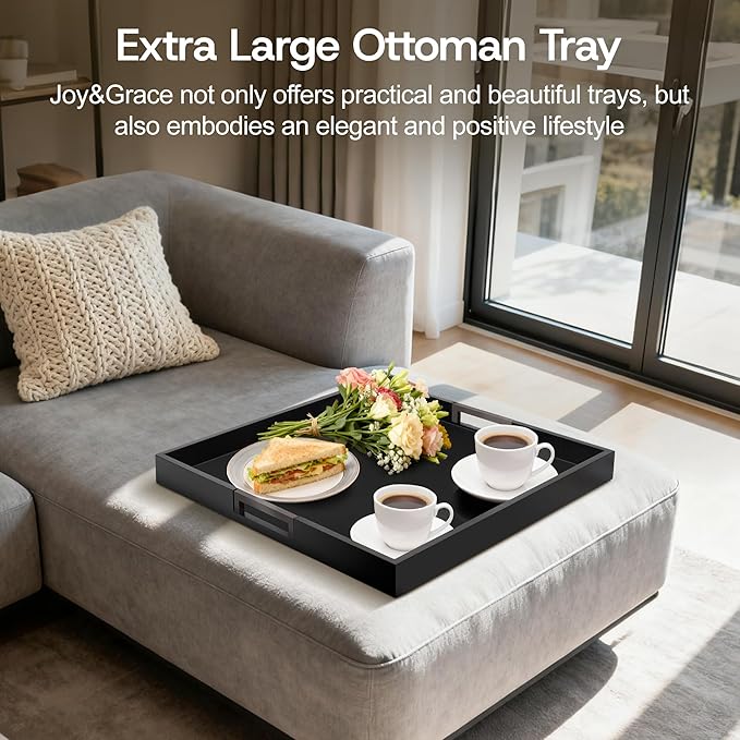 Joy&Grace Large Square Ottoman Tray for Living Room and Coffee Table 22 Inch Decorative Acacia Wood Serving Tray with Handles for Breakfast in Bed, Dinner Food Kitchen TV (Black, 22" x 22" x 2")