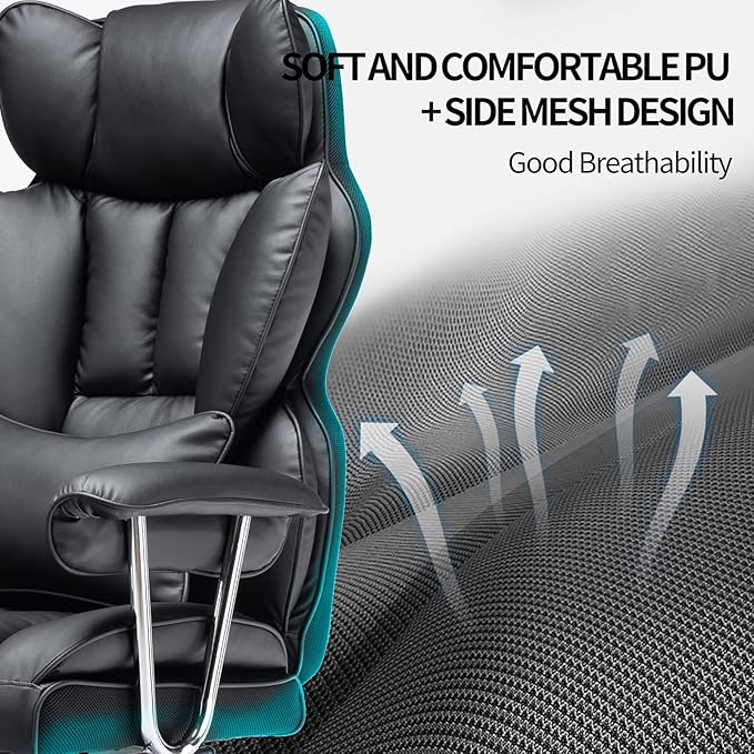Efomao Big and Tall Office Chair with Foot Rest 400LBS, PU Leather Computer Chair, Heavy Duty Executive Office Chair with Lumbar Support, Black Home Office Chairs
