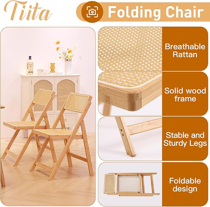 Tiita Rattan Dining Chairs Set of 2, Mid Century Modern Folding Chair, Bamboo Folding Dining Chairs for Small Space, Dining Room, Living Room, Bedroom, Wood
