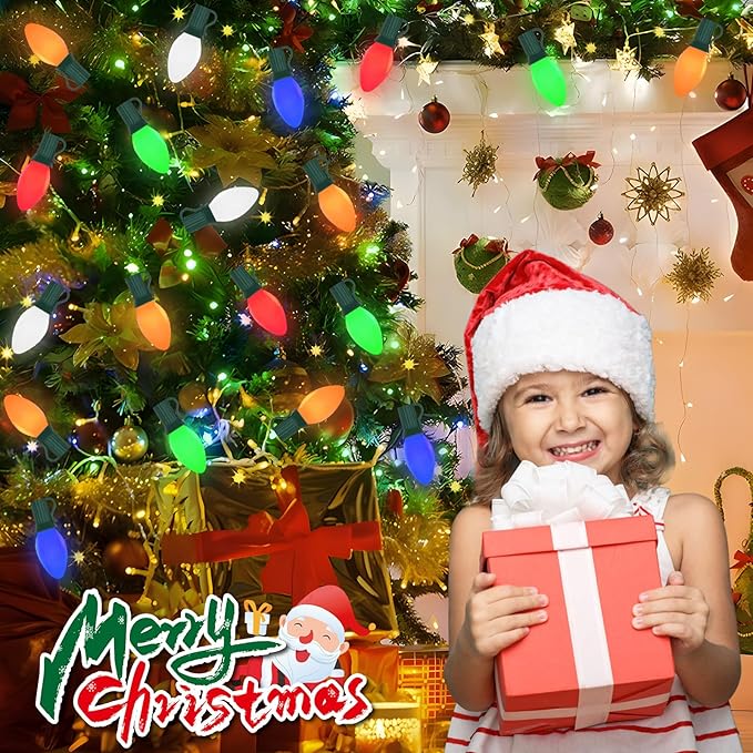 Couah Christmas Lights, 25Ft C9 Vintage Christmas String Lights with 27 Multicolor Ceramic Incandescent Bulbs, Hanging String Lights for Indoor Outdoor Tree Christmas Decorations (Green Wire)