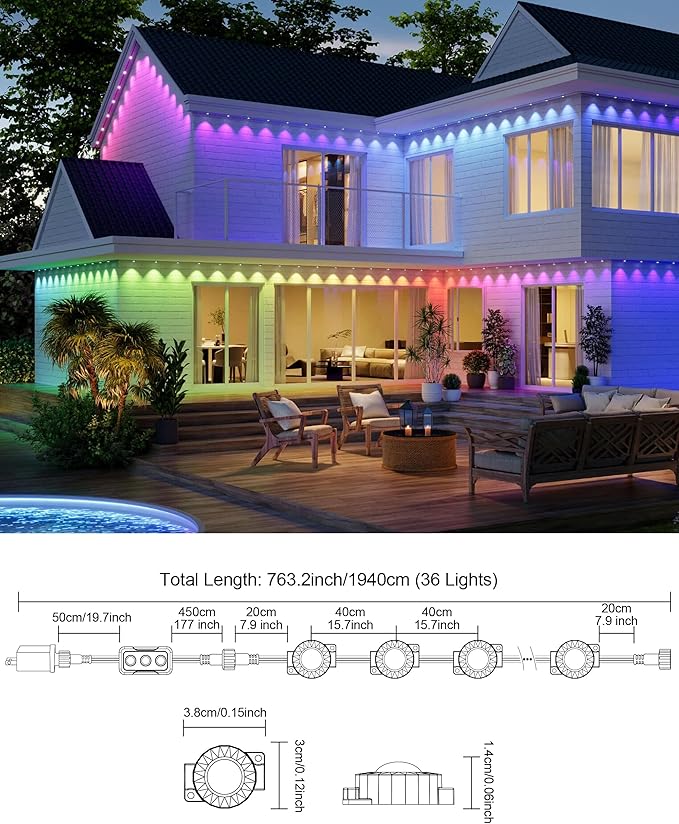 Permanent Outdoor Lights, 63.6ft with 36 RGBIC LED Light with App Control, Waterproof Permanent Christmas Lights for Outside Roofline Decor, Garden Decor, House,Party, Holiday Xmas Decoration