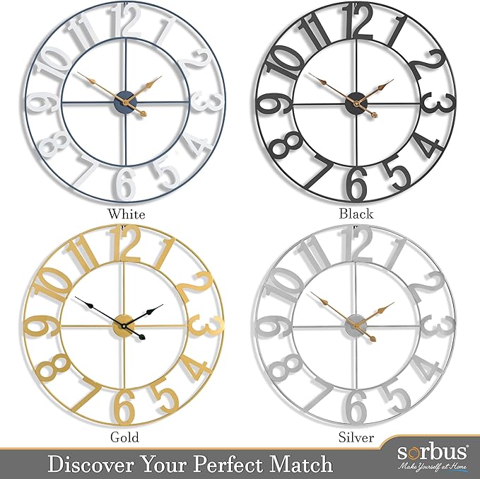Sorbus 32-Inch Large Wall Clock – Decorative White Metal Clock with Gold Hands – Silent, Battery Operated, Modern Wall Decor for Living Room, Kitchen, or Office – Great Gift for Housewarming or Office