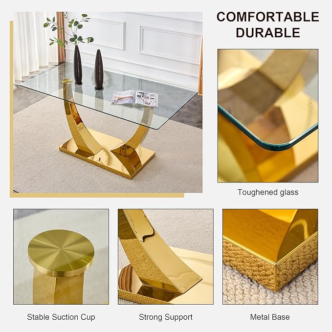 Modern Gold Dining Table for 6-8,Rectangular Glass Dinner Table with Tempered Glass Tabletop and Golden Plating Metal U-Shaped Pedestal for Kitchen Dining Room (Gold5)