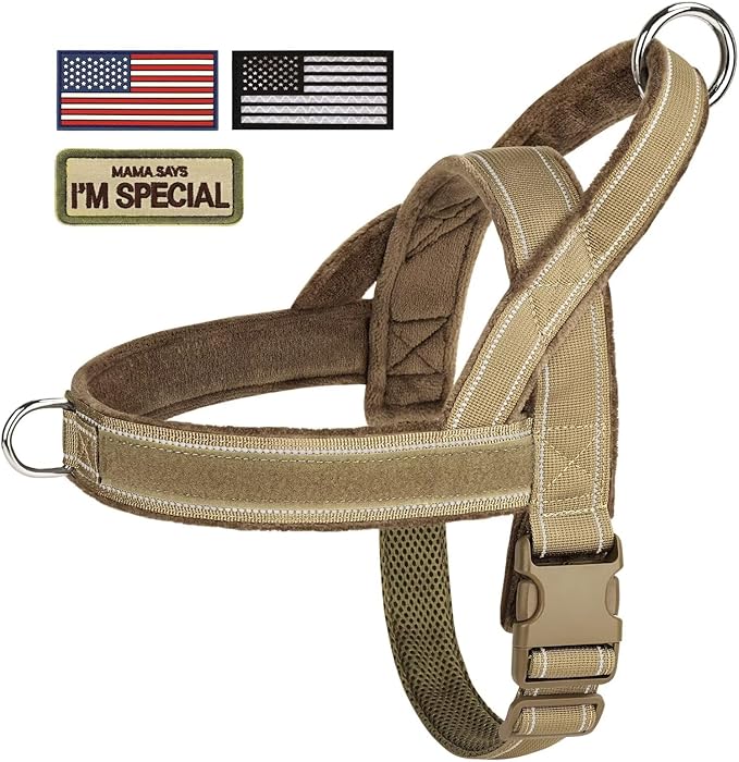 Forestpaw No Pull Dog Harness with Flannel Lining, Reflective Escape Proof Vest for Large Dogs, Quick Release Comfortable for Walking Training (Includes Patches),Brown L