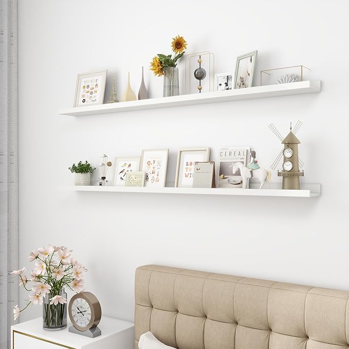 Picture Ledge Shelf, Wood Long Floating Shelves for Wall, Set of 2, 56 inch Picture Ledge Shelves, Photo Ledge Nursery Book Shelves Wall Mounted for Living Room Kids' Room Bedroom, Color White