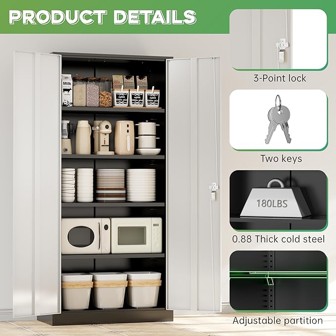 INTERGREAT Metal Storage Cabinet,72" Steel Lockable Cabinet with Locking Doors and Adjustable Shelves,Locking Tool Cabinets for Office,Home,Garage,Gym,School (Black Grey)