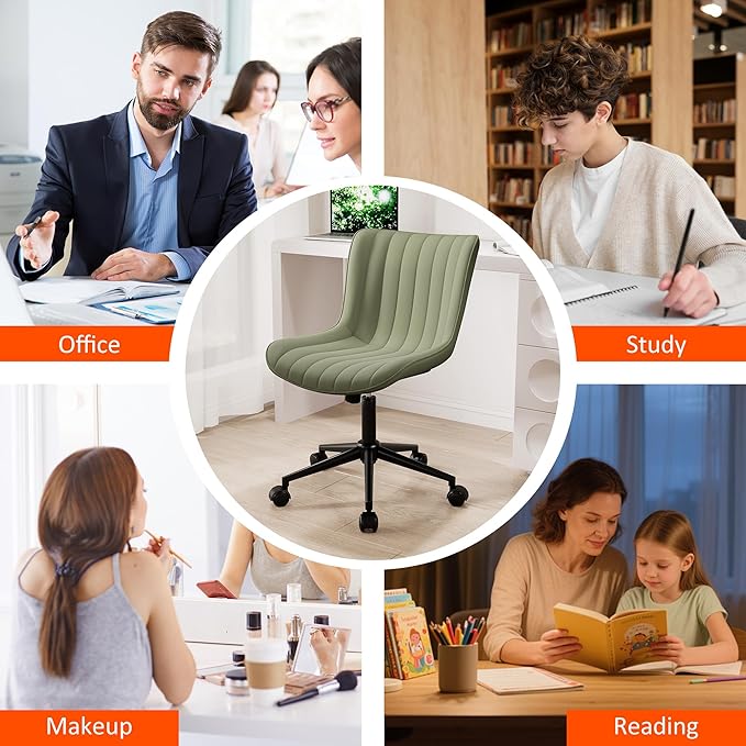 Kidol & Shellder Olive Green Leather Home Office Desk Chair with Wheels Modern Cute Armless Executive Swivel Vanity Chair with Comfy Padded Back Ergonomic Rolling Adjustable Computer Task Chair Small