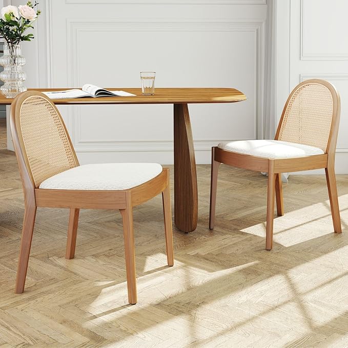 LukeAlon Modern Sherpa Dining Chairs Set of 2, Natural Woven Rattan Cane Back Side Chairs with Solid Wood Legs Mid Century Dinner Chairs for Kitchen Living Room, White