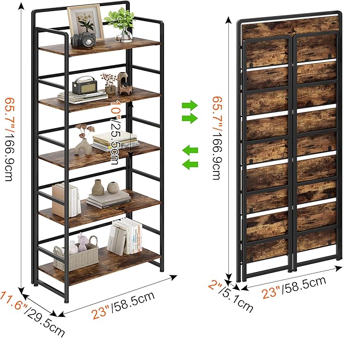 No Assembly Folding Bookshelf, 5 Tiers Collapsible Book Shelf for Home Office, Vintage Wood Foldable Bookcase Storage Organizer for Living Room Bedroom (Rustic Brown)