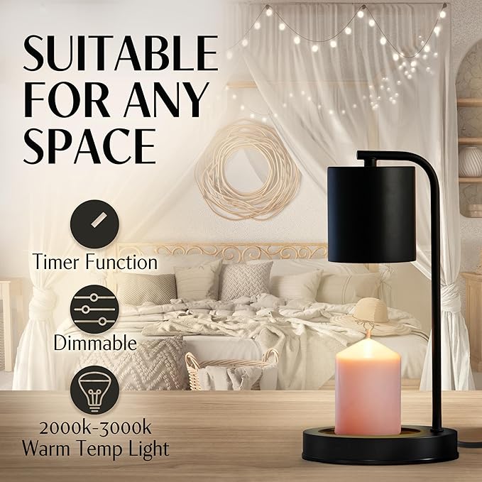 Candle Warmer Lamp with Timer and Dimmer & Includes 2 Bulbs, Electric Wax Candle Lamp Warmer for Jar Candles, Home Decor Aesthetic, and House Warming Gifts - Black