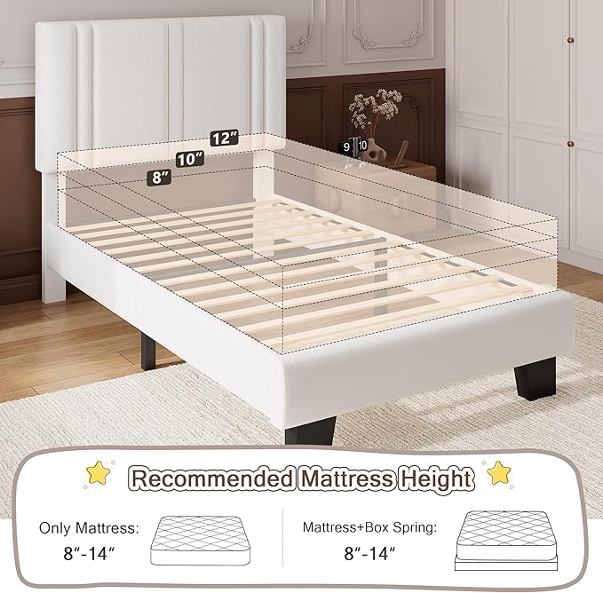 iPormis Twin Size Bed Frame with Velvet Upholstered Headboard & Thickened Legs, Twin Platform Bed Frame w/Solid Wooden Slats Support, Noise Free, No Box Spring Needed, White