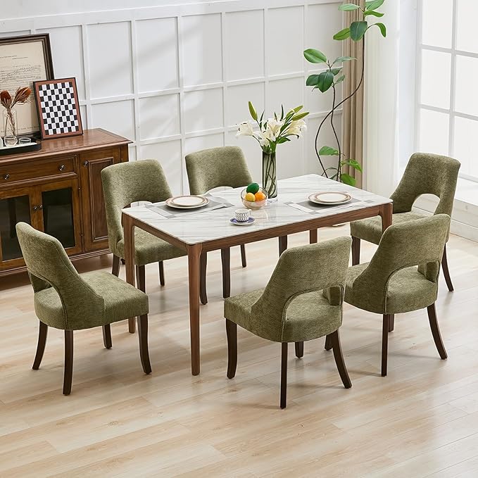 UVV Wooden Dining Chairs Set of 2, Mid Century Modern Chenille Upholstered Dining Room Chair Kitchen Chairs, Farmhouse Dinner Chair with Solid Wood Legs for Kitchen Dining Room, Green