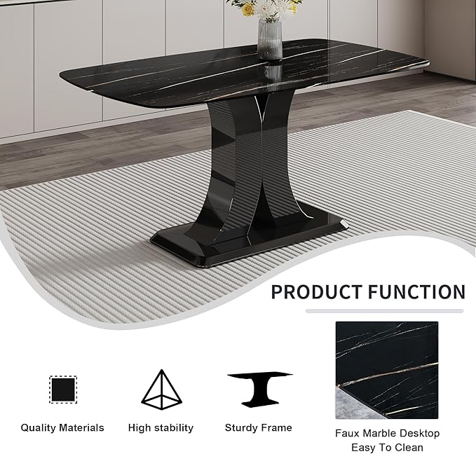 Modern Dining Table Set for 6, Marble Kitchen Table Chair Set for 6, Rectangular Kitchen Table with 6 Pu Leather Upholstered Chair for Dining Room (Black Table with 6 Black Chairs)